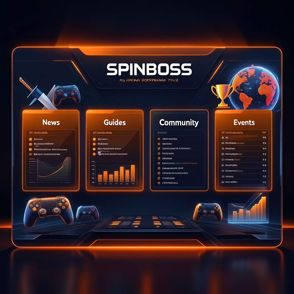 Spinboss comprehensive gaming portal banner showcasing news, guides, community, and events